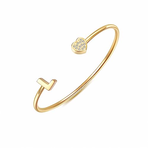 Image of VQYSKO Heart Initial Cuff Bracelets for Woman-CZ Stainless Steel Adjustable Open Bracelet Woman Jewellery,Birthday Gifts for Woman