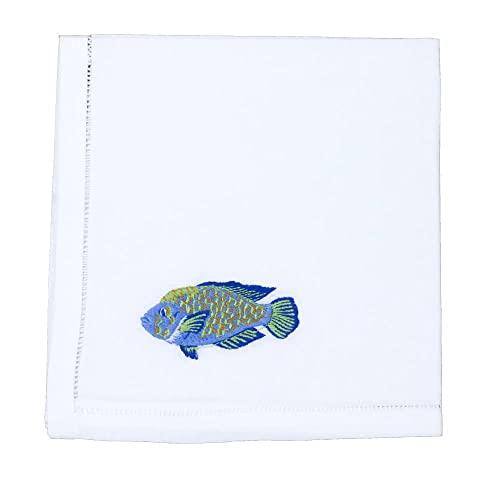 Quang Thanh Embroidery - 18"X18" Embroidered Cotton With Blue Fish Design, Set Of 4 White Table Napkins, Hemstitched Dinner, Machine Washable - Great Present Ideas, Daily Use, Events, Holidays. #TOP1