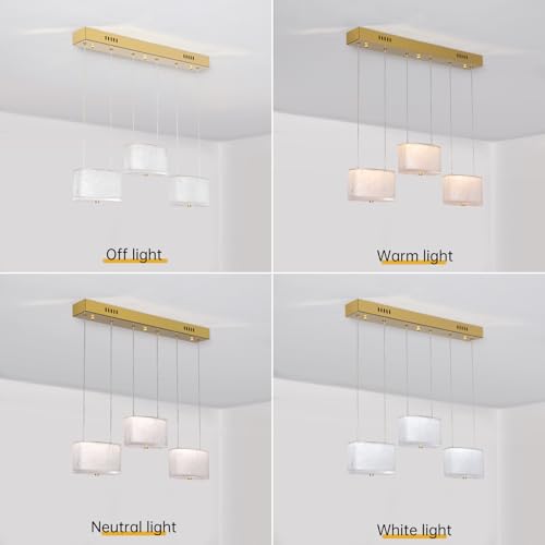 3 Light Dimmable Linear Chandelier with Remote Control - Gold Hanging Light Fixture with Glass Shades for Kitchen Island Lighting & Dining Room Pendant Over Table by TKHKY - Image 5
