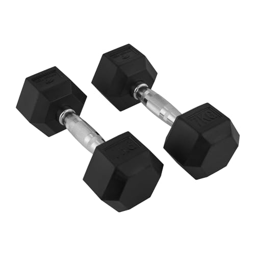 Juego de 2 Mancuernas Hexagonales Fitness Tech 1–9 kg – Pesas con Revestimiento de Caucho – Agarre Cromado Ergonómico – Entrenamiento Fuerza y Fitness (7 kg)