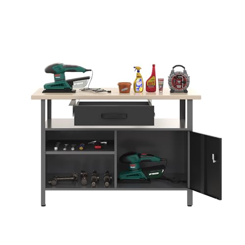 Steel Tool Storage Workbench with Drawers,Metal Garage Cabinet with Wood Top Table (1 Drawer)