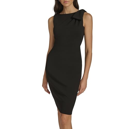 Image of Calvin Klein Women's Sleeveless Bow Shoulder Detail Knee Length Crepe Sheath Dress