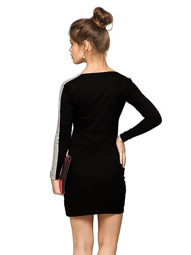 Image of Miss Chase Women's Black Designer Super Soft Round Neck Full Sleeves Mini Bodycon Dress with Sequin Strip on Sleeves