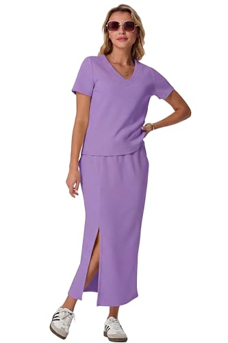 Image of GRECERELLE Women Summer Casual 2 Piece Sets V-Neck Wrinkle-Free Top & Elastic Waist Midi Side Slit Skirt with Pockets