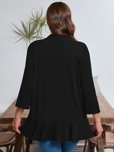 AusLook Women's Plus Size 3/4 Sleeves Lightweight Open Front Cardigan Draped Ruffles Shawls and Wraps Shrugs Kimono Jacket2