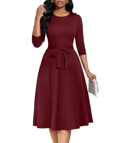 Image of Casual Dresses for Women Midi Church A-Line Fit and Flare Dress Crewneck 3 /4 Sleeve Party Dress