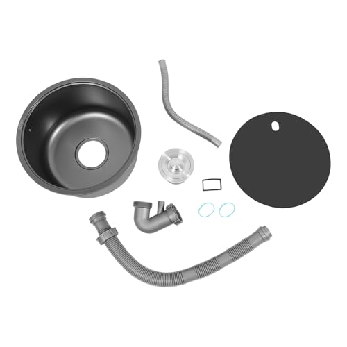 Évier de cuisine rond en acier inoxydable 304 Nano - Noir - Diamètre : 36 cm - Pour petite cuisine, camping-car, bar - Avec couvercle et bonde