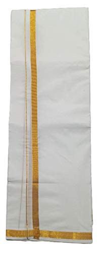 Image of SMT Traditional Men's Cotton Double Dhoti with Gold Border (White, Free Size )