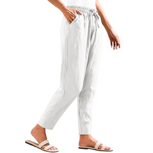 Linen Pants Women Casual Elastic Waist Cotton Linen Pants Drawstring Loose Straight Leg Summer Beach Pant w/Pockets4