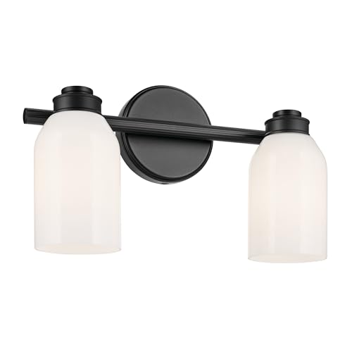 Image of Kichler Shae 2-Light Bathroom Vanity Light, Black | White opal glass vanity light for modern bathroom mirrors (15 inch x 9 inch), 55201BK