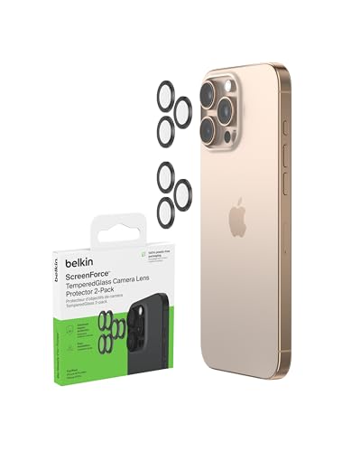 Belkin ScreenForce TemperedGlass Protector de lente de cámara para iPhone 16 Pro y Pro Max, compatible con fundas, cobertura de vidrio templado para lente, accesorio de Apple iPhone (2 unidades)