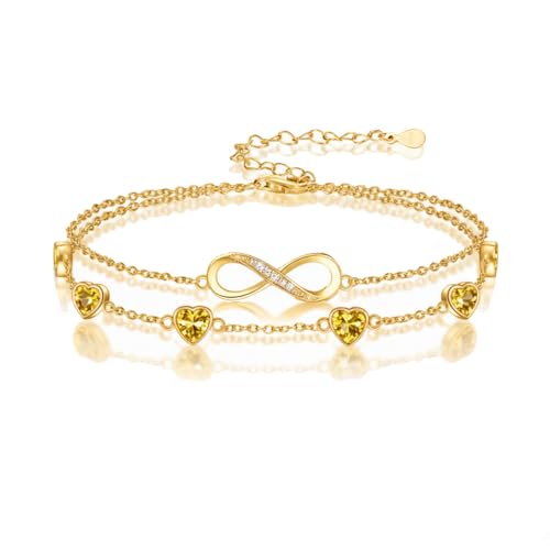 Prismata Infinity Citrine Birthstone Charm Link Bracelet 18K Gold Plated Adjustable November Birthstone Infinity Bracelet Birthday Jewelry Gifts for Women Her with 7+2 chain