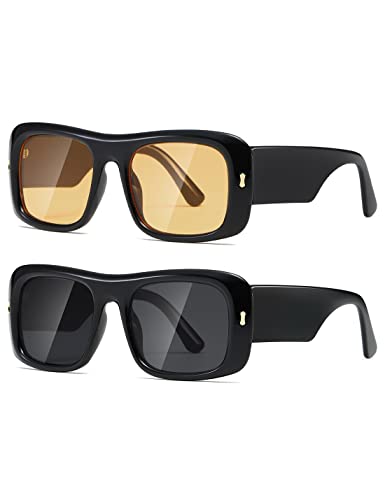 kimorn Sunglasses for Women Men Trendy Retro Fashion Sun Glasses 90’s Vintage Y2K Oversize Square Frame Shades K1337 (Black Yellow+Black Grey)