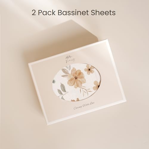 Image of Konssy 2 Pack Muslin Fitted Bassinet Sheets for Baby Girl Boy, Soft Breathable Baby Bassinet Sheets Fit for Bassinets, Cradle, Moses Basket Oval Rectangle Pad /Mattress (Peach,Floral)