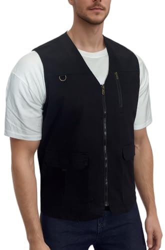 MeiLayM Herren Outdoor Weste Arbeitsweste Anglerweste Schnelltrocknende Freizeitweste Ärmellos Sport Weste Jagd Fotografie Weste Camping Multifunktionsweste Schwarz,XXL