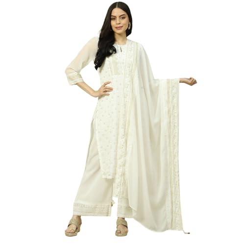 Image of Rangriti Women White Cotton Blend Woven Dupatta Free Size