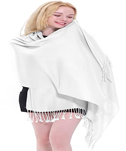 CJ Apparel Brilliant White Solid Color Tassels Design Nepalese Shawl Scarf Wrap Stole Throw Head Wrap Pashmina Hand Made in Nepal New