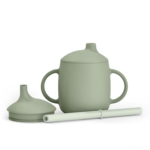 SUAVINEX, Vaso Aprendizaje de Bebé 3 en 1: Botella con Boquilla + Vaso con Pajita + Taza, Antiderrame de Silicona, con Asas, Apto Lavavajillas y Microondas, Taza para Bebés +6 Meses, Verde