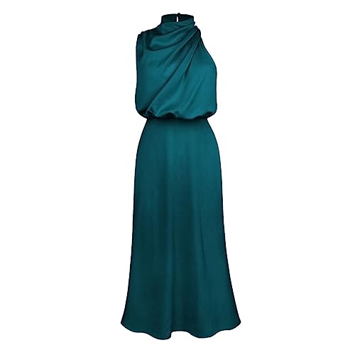 Image of IDOPIP Women Elegant Satin Dress Sleeveless Halter Prom Party Gown Cocktail Bridesmaid Wedding Guest Outfit Formal Maxi Dress