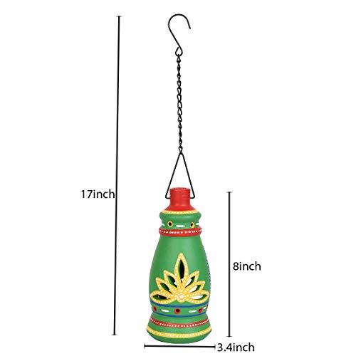 Image of AAKRITI ART CREATIONS Terracotta Green Handpainted Hanging Tea Light | Floral Art Handmade Decor | Matte Finish Terracotta Decorative Hanging Items for Home | Handpainted Decor