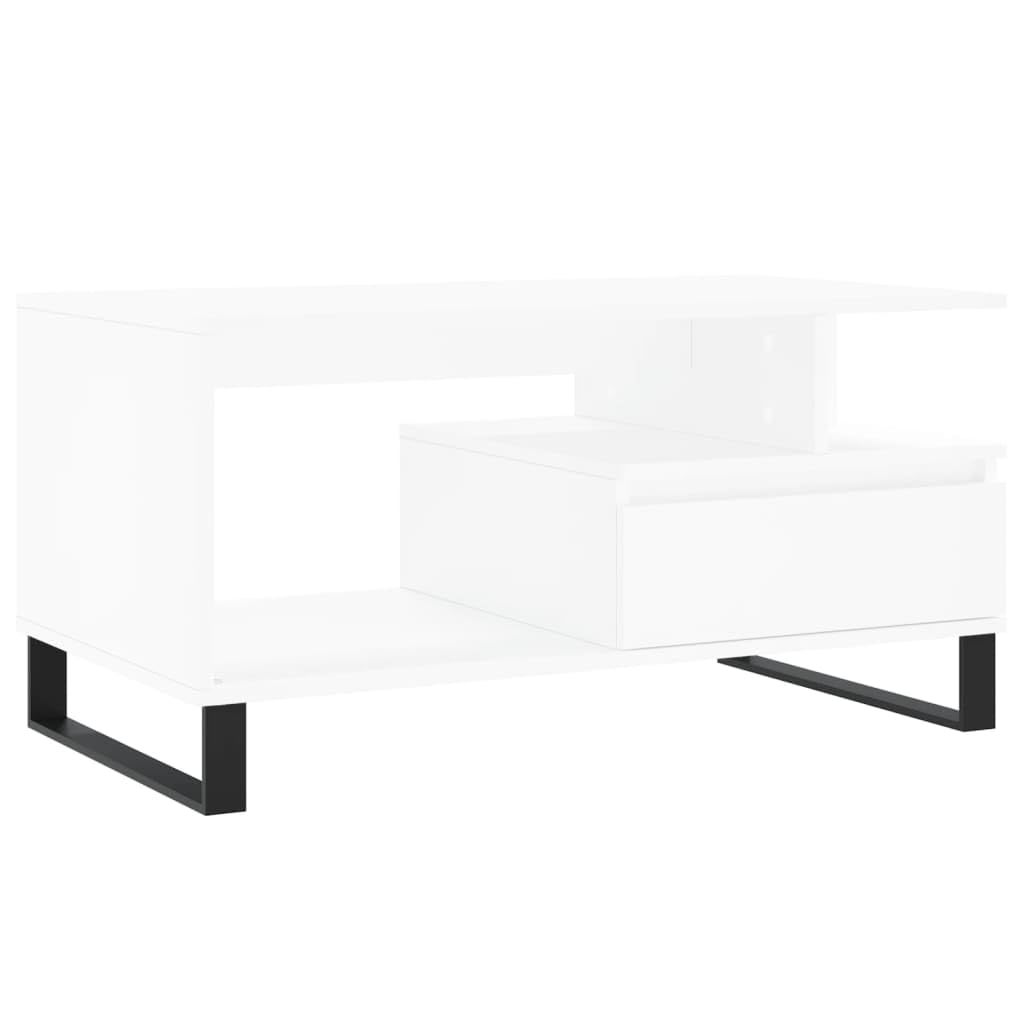 Tavolino bianco 90 x 49 x 45 cm, in legno con cassetto, gambe in metallo, tavolino moderno per soggiorno, elegante ripiano