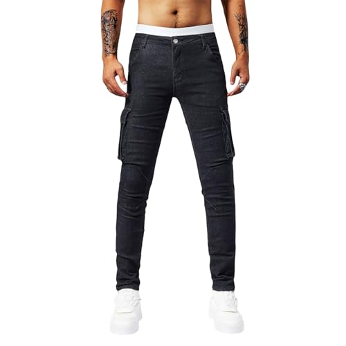 Jeans Pants Trousers Denim Stretch Slim Fit Workwear with Multiple Pockets Trendy Street Casual Tapered Small Leg for Men