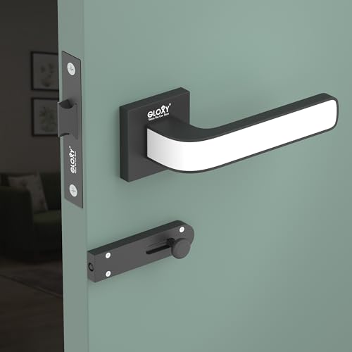 Image of GLOXY Heavy Duty Mortise Baby Latch Door Lock Handle Set for Bathroom with Brass Baby Latch and Handles Door Lock for Bedroom | Black & White Finish (2 Years Warranty, Pack of 1)