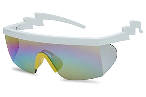 Large Wrap Around Rainbow Mirrored Semi Rimless Flat Top Shield Goggles Sunglasses (White Yellow Frame | Rainbow Mirror)