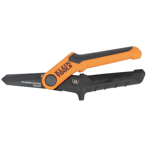Image of Klein Tools T2107 Titanium Coated Utility Scissors, Compact, Stainless Steel Shears, Serrated Blades, Cuts Heavy-Duty Materials, 7-Inch