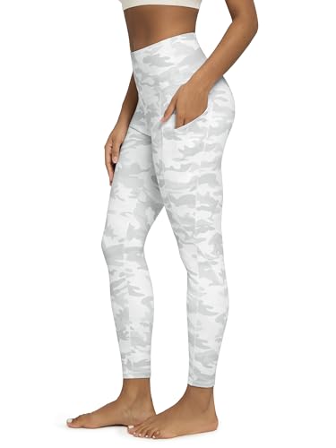 ODODOS Women's High Waisted 7/8 Yoga Leggings with Pockets, 25" Inseam Tummy Control Non See Through Workout Athletic Running Yoga Pants, White Camo, Large