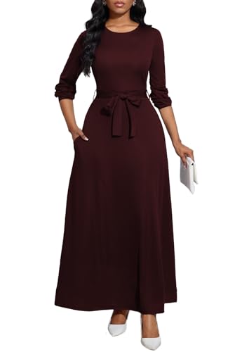 Image of BubFee Long Dress for Women Casual Long Sleeve Dresses Maxi Dress Empire Waist Loose with Belt