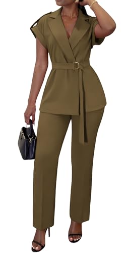 Women's Two Piece Outfits Business Casual Suit Sets Belted Long
