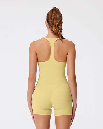 RXRXCOCO Racerback Workout Sets for Women 2 Piece Padded Scoop Neck Tank Tops Hidden Scrunch Booty Shorts Yoga Set with Pockets Yellow Large — view 4