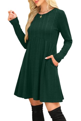 Image of OFEEFAN Long Sleeve Dress for Women Crew Neck Empire Waist Tunic Dress with Pockets
