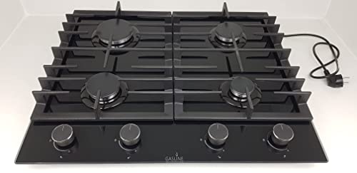 Gasline Einbau Gasherd, 4 flammig, Gaskochfeld, Glaskeramik GAG60GLG Schwarz, Sabaf-Brenner, Erdgas/Propangas, Elektrische 1-Handzündung, Thermoelektrische Zündsicherung