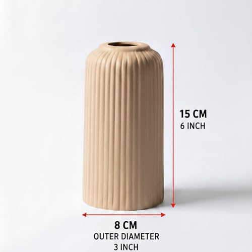 Image of KREATIVE ART'S Modern Ribbed Design Ceramic Flower Vase for Living Room, Flower Pots for Artificial Flower, Home Decoration Item, Home Decor, Vases for Living Room (Beidge, Small)