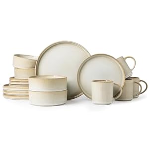Ceramic Dinnerware 16 Pieces Bonbon Beige Dinner Set,Plates Pasta Bowls Cereal Bowls Reactive Change Glaze Dish Sets, Modern Stoneware Dishes,Gift.