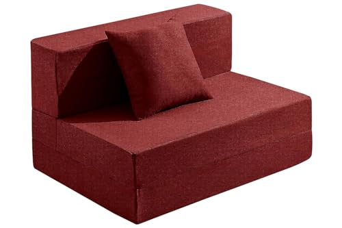 Image of Los Angeles Foldable One Seater Sofa Cum Bed, Sofa Bed 3 X 6 Feet, Jute Fabric- Washable Cover- Including One Cushion Perfect for Home & Office, Guest Room -Red Color