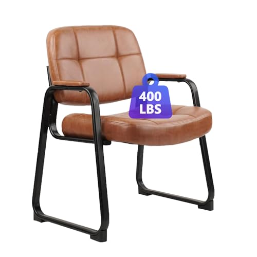 Image of CLATINA Big & Tall Waiting Room Guest Chair Comfortable Reception Chairs with Bonded Leather Padded Arm Rest and Sled Base for Office Reception Lobby and Conference Desk, Brown(1 Pack)
