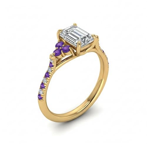Image of Choose Your Gemstone Emerald Cut Petite Cathedral Diamond CZ Ring Yellow Gold Plated Emerald Shape Petite Engagement Rings for Women, Girls and Ladies US Size 4 to 12