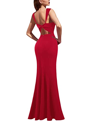 Image of VFSHOW Womens Glitter Sweetheart V Neck Twist Front Backless Ruched Ruffle Slit Formal Evening Gown Maxi Dress