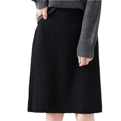 Women's Fall/Winter Knitted Skirt 100% Merino Wool Mid-Length Loose Straight Skirt Black M