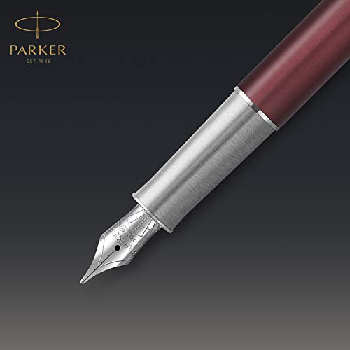 Parker Sonnet Fountain Pen | Premium Metal And Red Satin Finish With Chrome Trim | Medium 18K Gold Nib With Black Ink Cartridge | Gift Box #TOP3