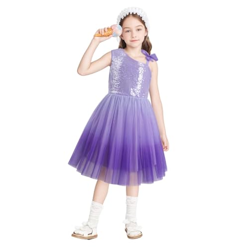 LQSZ Girls Sequin Dress Tutu One Shoulder Summer Dresses Fancy Party Prom Gowns Tulle Sundress for 3-12 Years Purple2