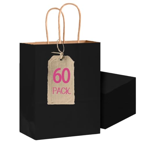Bakepacker 60-Pack Medium Size Gift Paper Bags with Handles Bulk 10.6"x8.3"x4.3" Black Party Kraft Shopping Bags