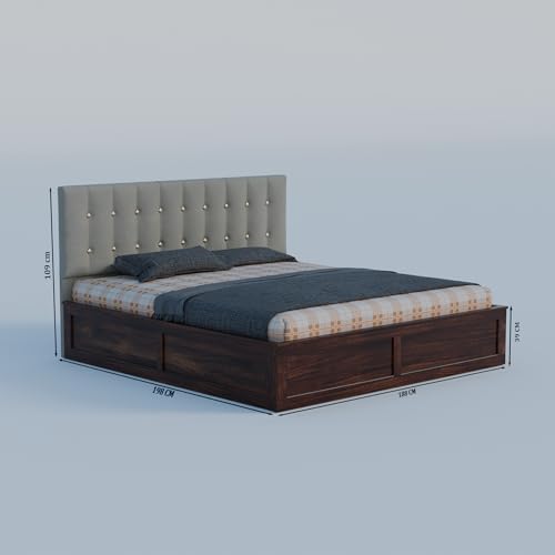 Image of Sheesham Wood King Size Bed with Storage Box | Upholstered Beds | Platform Cot with Cushioned Headboard | Double Bed for Home | Recommended Mattress 78x72 Inch | Grey & Walnut Finish