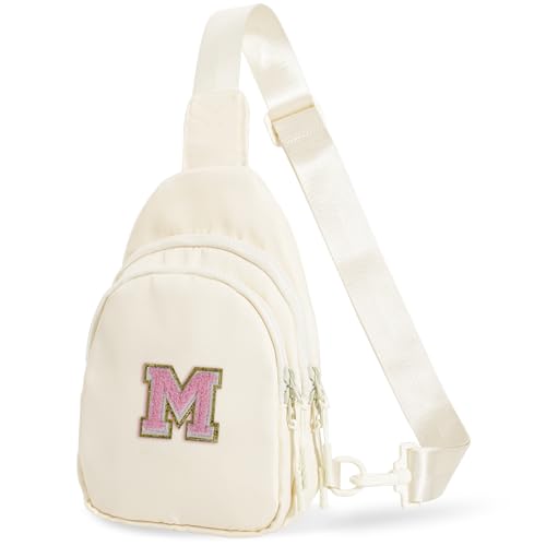 Bomvabe Personalized Initial Crossbody Bag for Tween Girls with Extender Strap 32"-52", Birthday Gift for 6 to 14 Year Old Girls, Sling Bag for Kids and Tweens, Cream with Initials M