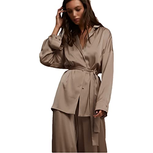 Vintage Brown Satin Loose Two Piece Set Women Long Shirt and Pants Casual Female Suit2