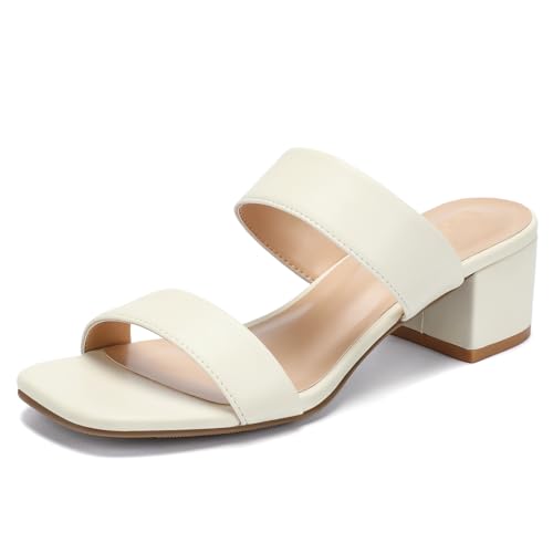 DOBOLIN Women's Wide Width Heels Square Open Toe Sandals Two Strap Heeled Sandals 2-Inch Dress Shoes Chunky Low Heels Comfortable Dressy Party Wedding Bridal White Size 8.5W