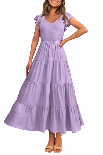 PRETTYGARDEN Women's Summer Flowy Maxi Dress Casual Cap Sleeve V Neck Smocked Beach Sundress (Solid Grey Purple,Medium)